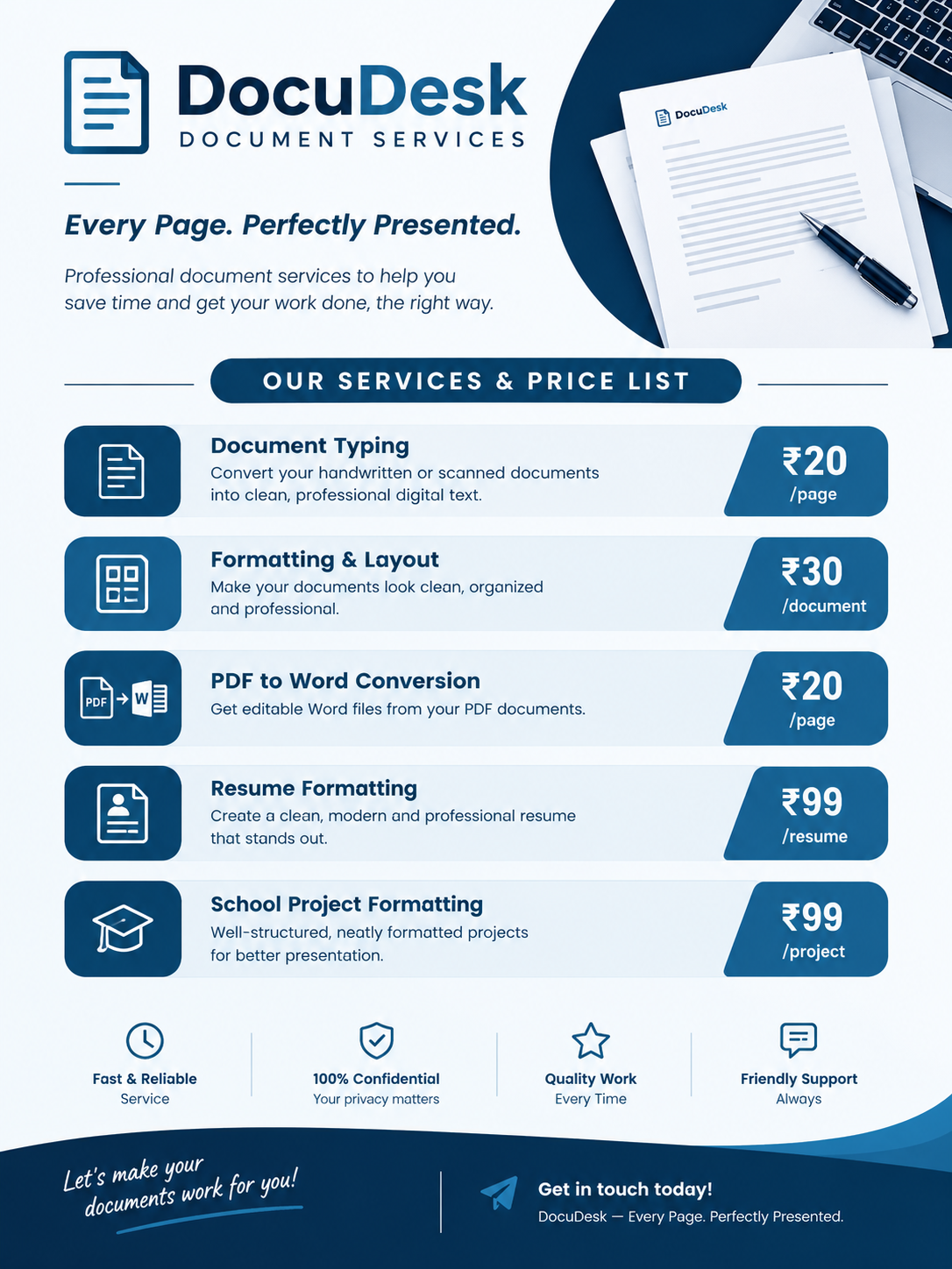 DocuDesk service and price list: typing ₹20 per page, formatting ₹30 per document, PDF to Word ₹20 per page, resume formatting ₹99 per resume, and school project formatting ₹99 per project